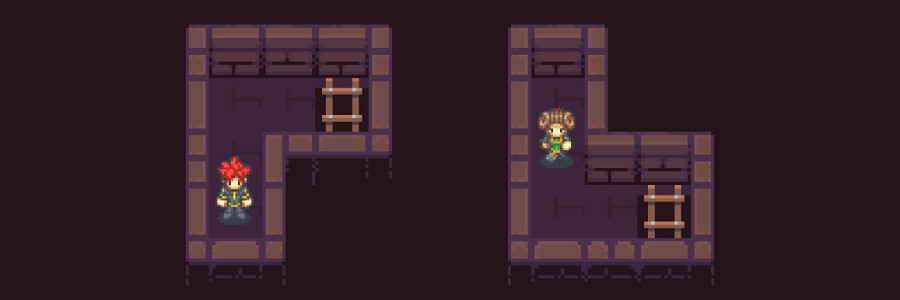 Printscreen of my games demo, showing two characters at a dungeon with a ladder as goal for each.